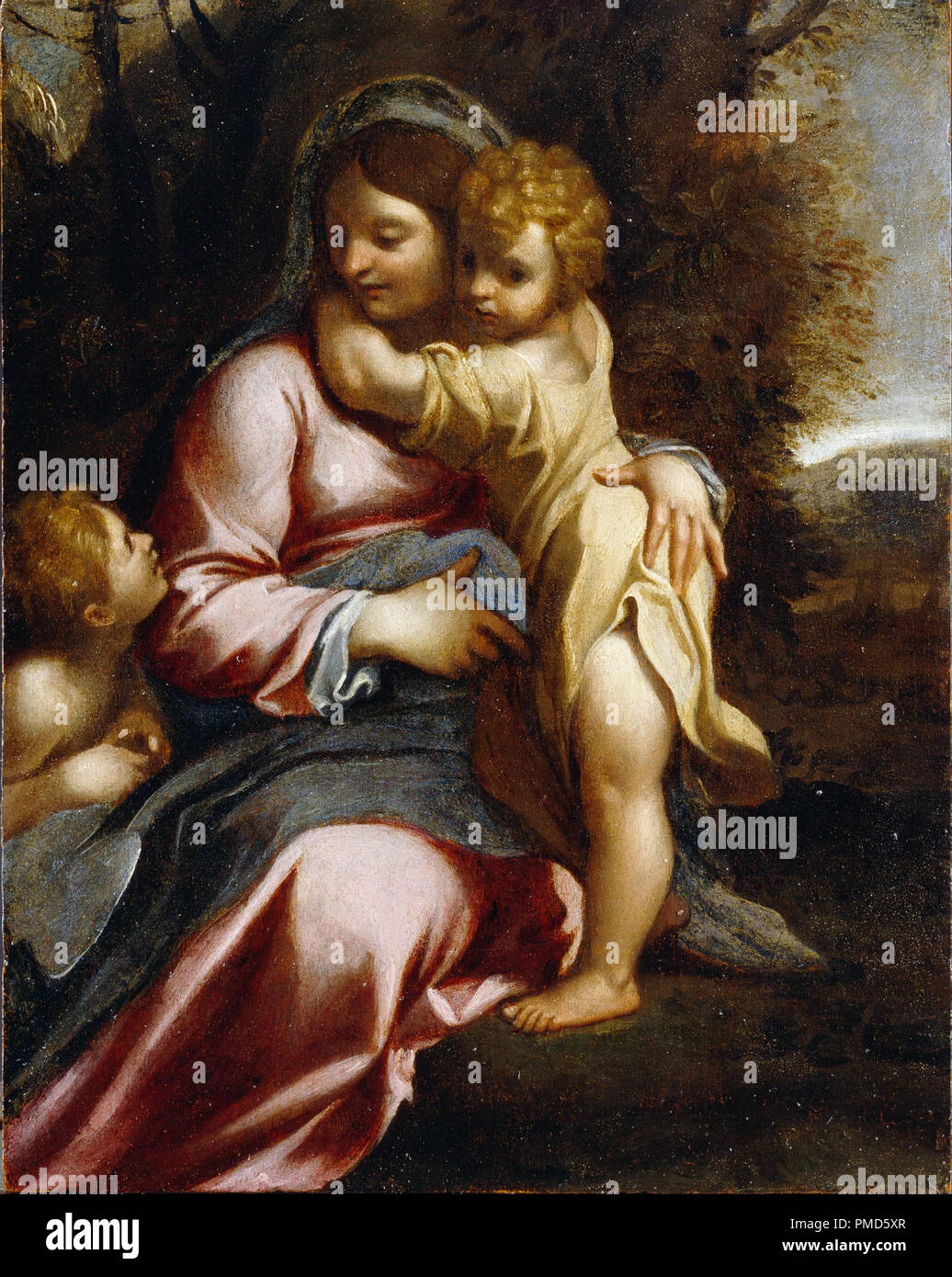 Madonna mit Kind und Heiligen Johannes. Datum/Zeit: 17. Malerei. Öl auf  Leinwand Öl. Höhe: 260 mm (10.23 in); Breite: 206 mm (8.11 in). Thema: Nach  Annibale Carracci. Annibale Carracci Stockfotografie - Alamy