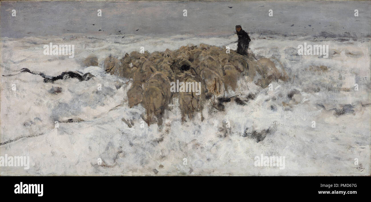 Herde von Schafen mit Schäferhund in den Schnee. Datum/Zeitraum: 1887 - 1888. Malerei. Öl auf Leinwand. Höhe: 900 mm (35,43 in); Breite: 1.900 mm (74.80 in). Autor: Anton Mauve. MAUVE, Anton. Stockfoto