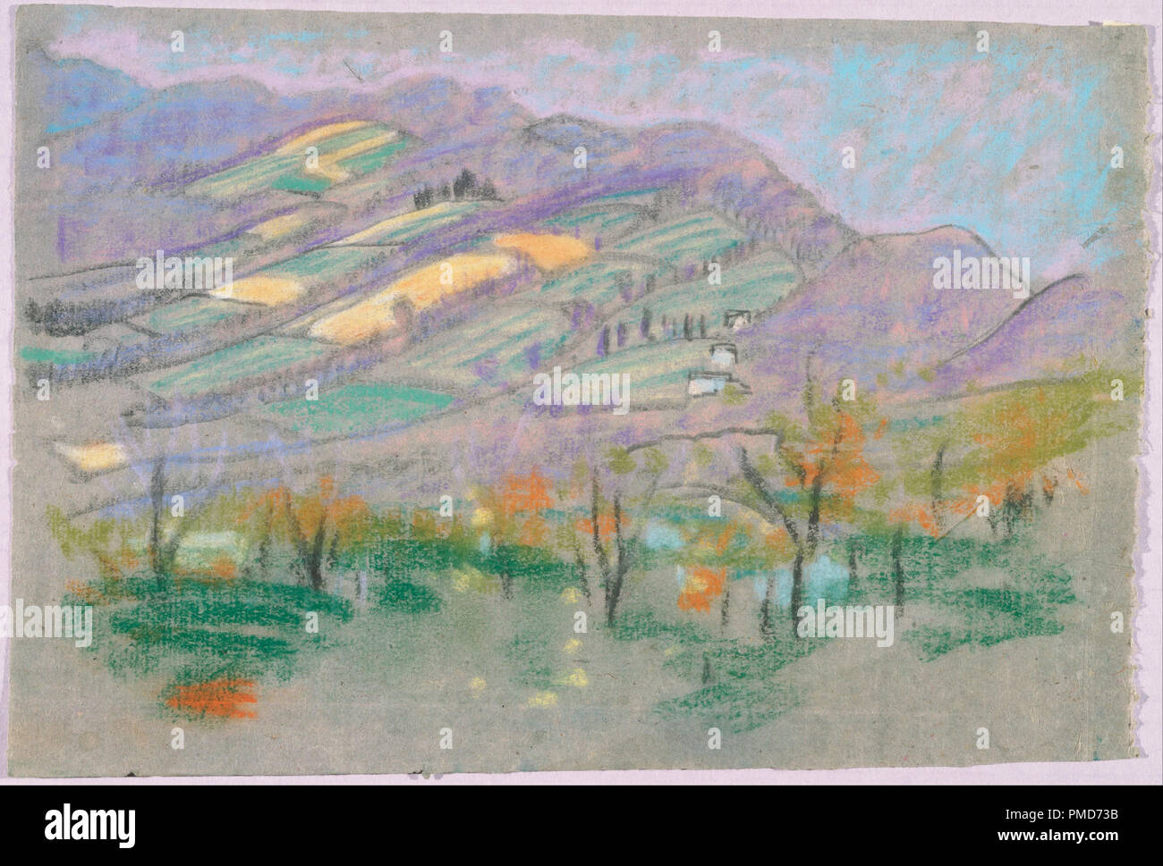 Landschaft mit lila Berge von A.B. Davies Buch, Ausgabe Nr. 50/50. Arbeiten  auf Papier. Pastellfarben und Kreide auf Papier. Höhe: 7,50 mm (0,29 in);  Breite: 11 mm (0,43 Zoll). Autor: Arthur Bowen Davies Stockfotografie -  Alamy