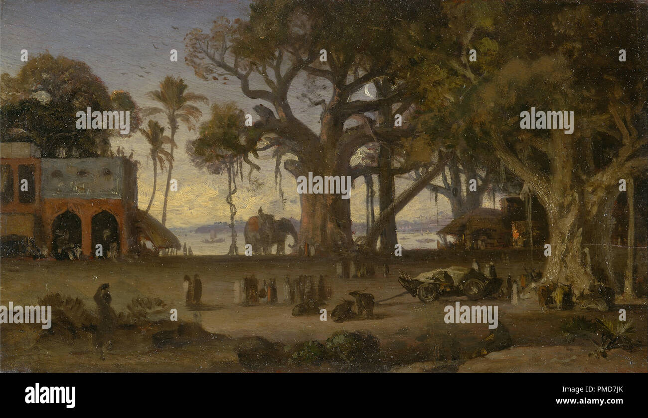 Moonlit Szene der indischen Zahlen und Elefanten unter Banyan Bäume, Obere Indien (wahrscheinlich Lucknow). Datum/Zeit: Ca. 1787. Malerei. Öl auf indischem Hartholz. Höhe: 233 mm (9.17 in); Breite: 410 mm (16.14 in). Autor: Auguste Borget. Stockfoto