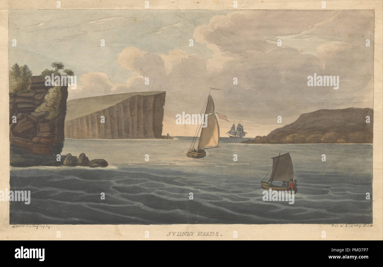 Sydney HeadsEarle, Augustus. Blick in Australien. Sydney: Earle's Lithographie, 1826. Datum/Zeitraum: 1826. Drucken, planographic. Höhe: 184 mm (7.24 in); Breite: 312 mm (12.28 in). Stockfoto