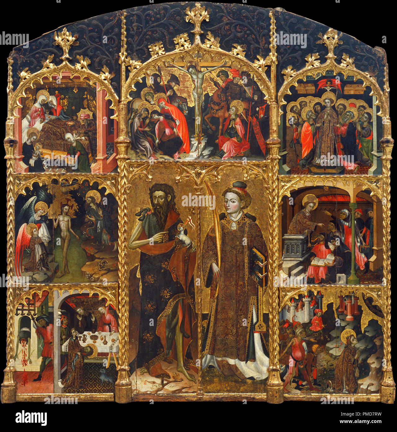 Altarbild des Heiligen Johannes der Täufer und St. Stephan. Datum/Zeitraum: erstes Drittel des 15. Jahrhunderts. Malerei. Tempera und Blattgold auf Holz. Höhe: 1.988 mm (78.26 in); Breite: 1.985 mm (78.14 in). Autor: Master von Badalona. Stockfoto