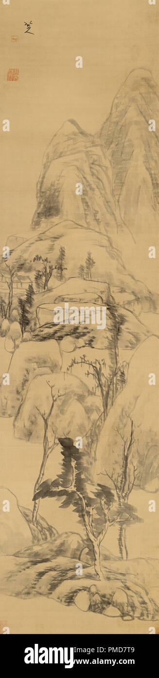 Landschaft im Stil von Huang Gongwang, (1269-1354). Datum/Zeit: Ca. 1664. Blättern Sie Malerei. Tinte und Pigment und Pigment Tinte auf Seide auf Seide. Höhe: 1.745 mm (68.70 in); Breite: 450 mm (17,71 in). Autor: BADA SHANREN. Stockfoto