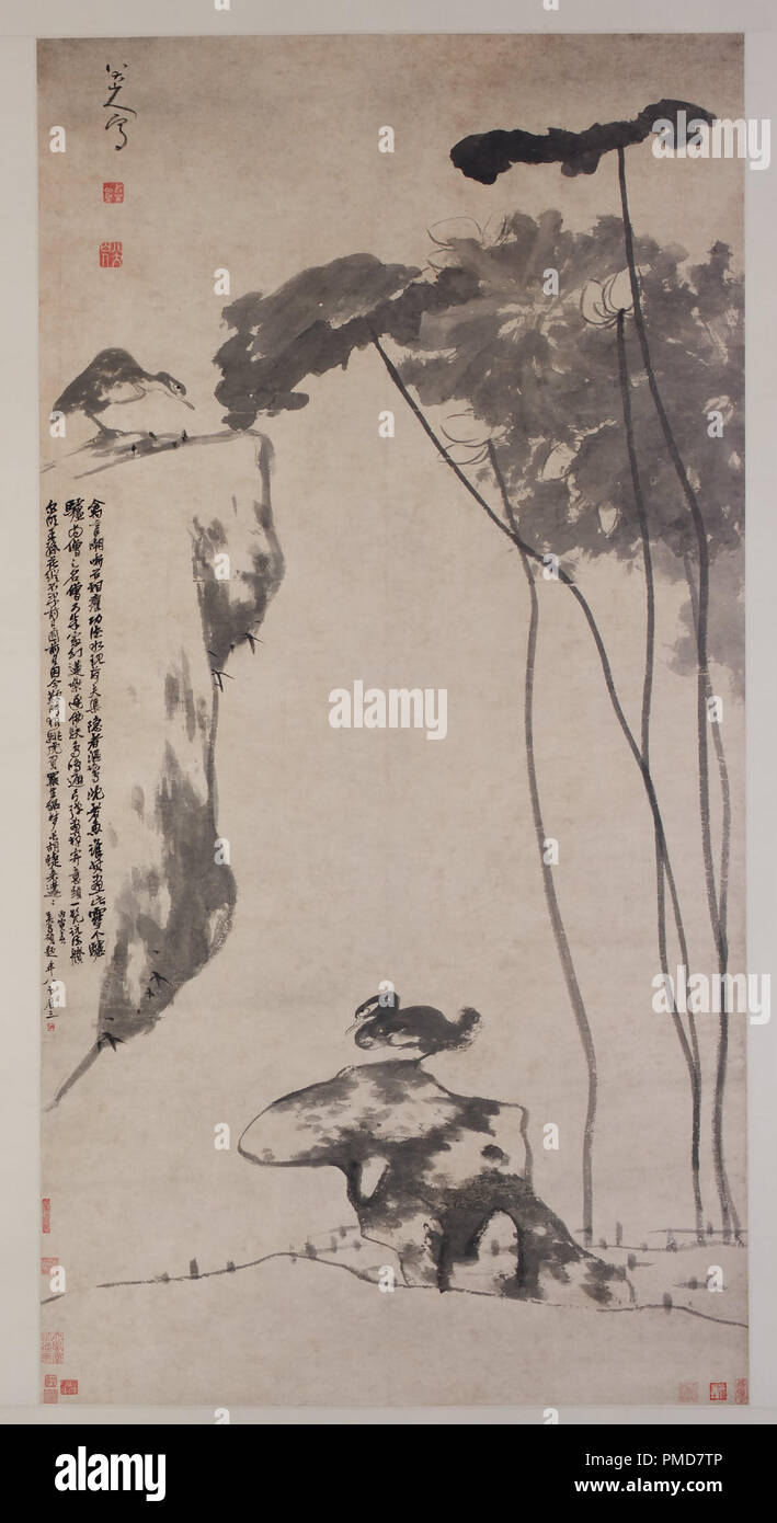 Lotus und Enten. Datum/Zeit: Ca. 1696. Malerei. Hängerolle, Tusche auf Papier. Höhe: 185 cm (72,8 in); Breite: 95,8 cm (37,7 in). Autor: BADA SHANREN. Stockfoto