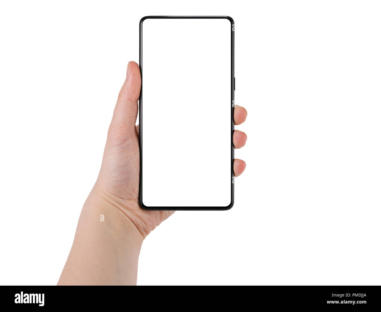 Junge weibliche Hand, die eine Blende - weniger Smartphone weißer Bildschirm auf weißem Hintergrund Stockfoto