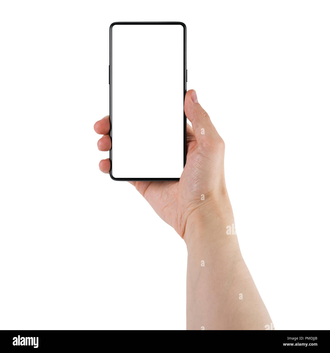 Junger Mann hand Blende - weniger Smartphone weißer Bildschirm auf weißem Hintergrund Stockfoto