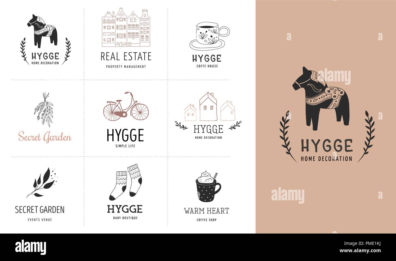 Hygge - einfache Leben in Dänisch, Sammlung von Hand gezeichnet elegant und sauber Logos, Elemente Stock Vektor