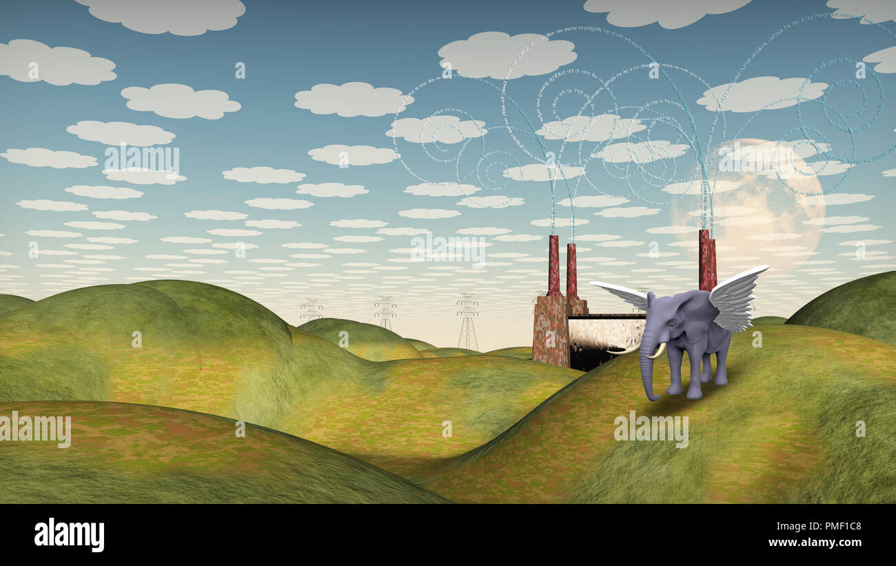 Fantasy Landschaft mit winged Elefant. Stockfoto