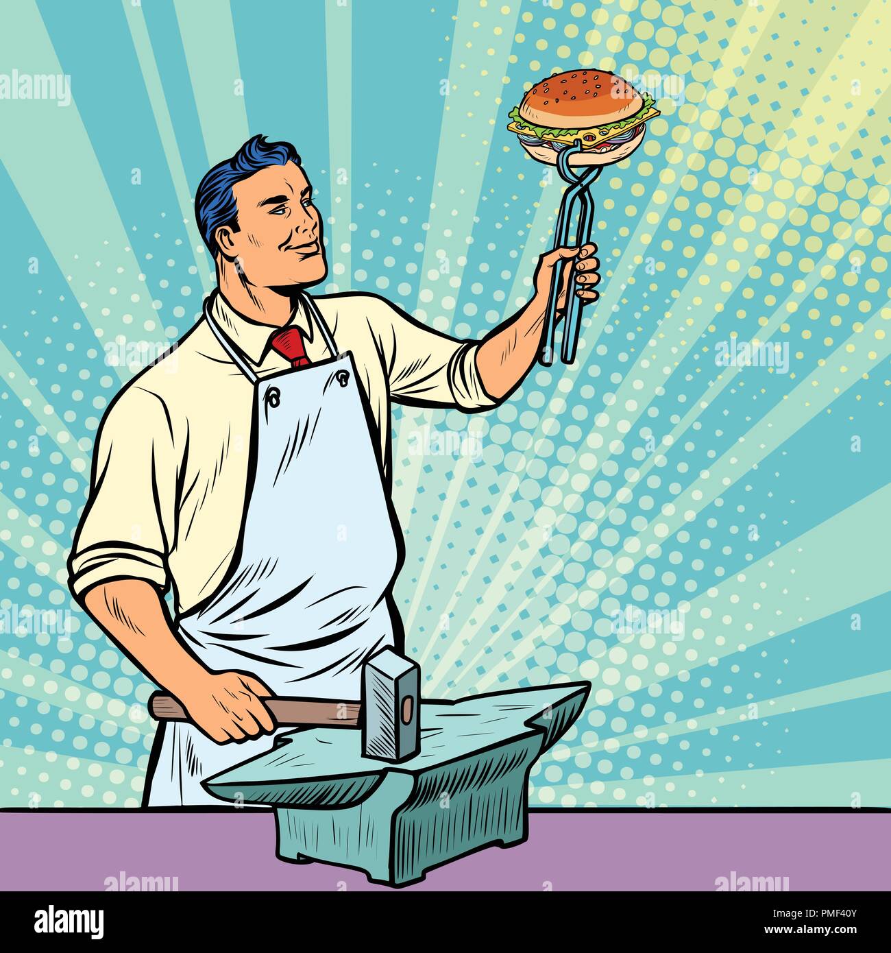Cook Schmied schmiedet eine Burger auf dem Amboss Stock Vektor
