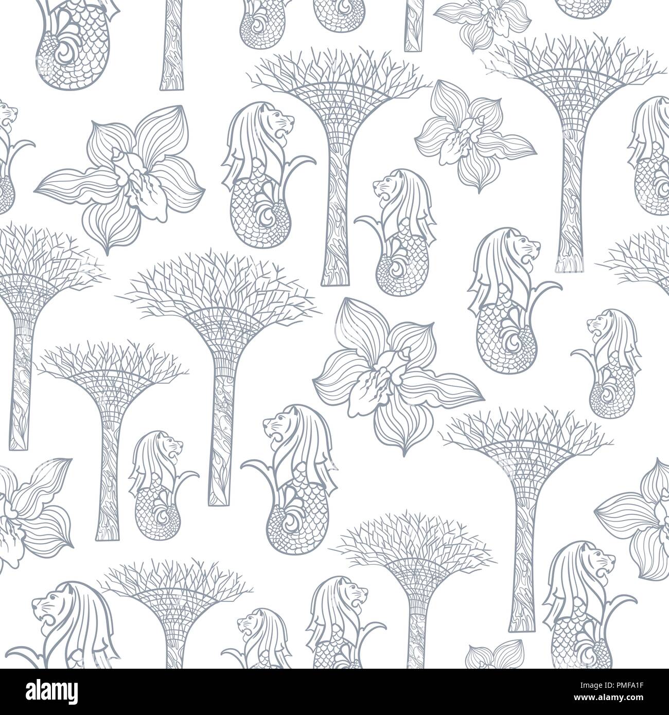 Nahtlose Hintergrund mit Orchidee, merlion und Gärten an der Bucht für Tapeten, Textil- und Produktdesign Stock Vektor