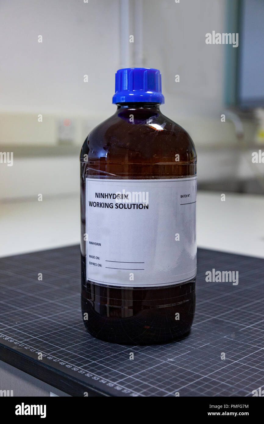 Glas Flasche mit Ninhydrin funktionierende Lösung auf porösen Oberflächen zur Verbesserung der latenten Fingerabdrücke mit der Chemikalien verwendet werden Stockfoto