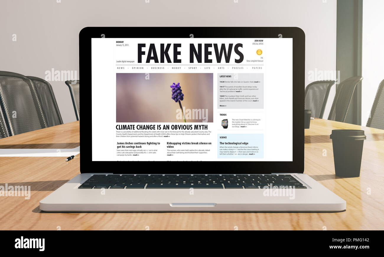 Gefälschte Nachrichten auf Laptop mockup auf Konferenzraum 3-D-Rendering Stockfoto