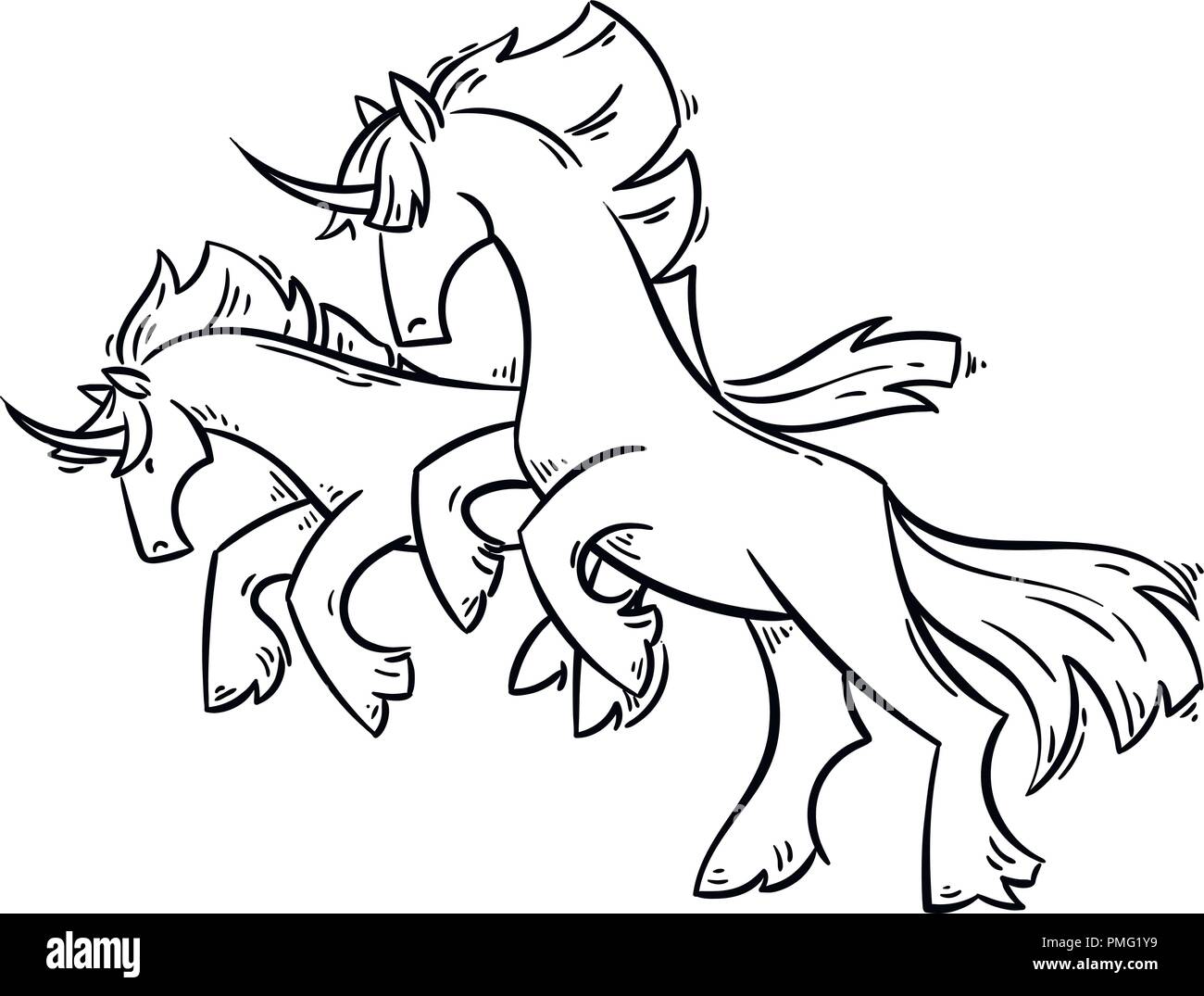 Abstrakte cartoon Einhörner stehen auf zwei Beinen und Galopp. Vector clip art Illustration für Drucke, Design, Malbücher und Seiten, Karten. Stock Vektor