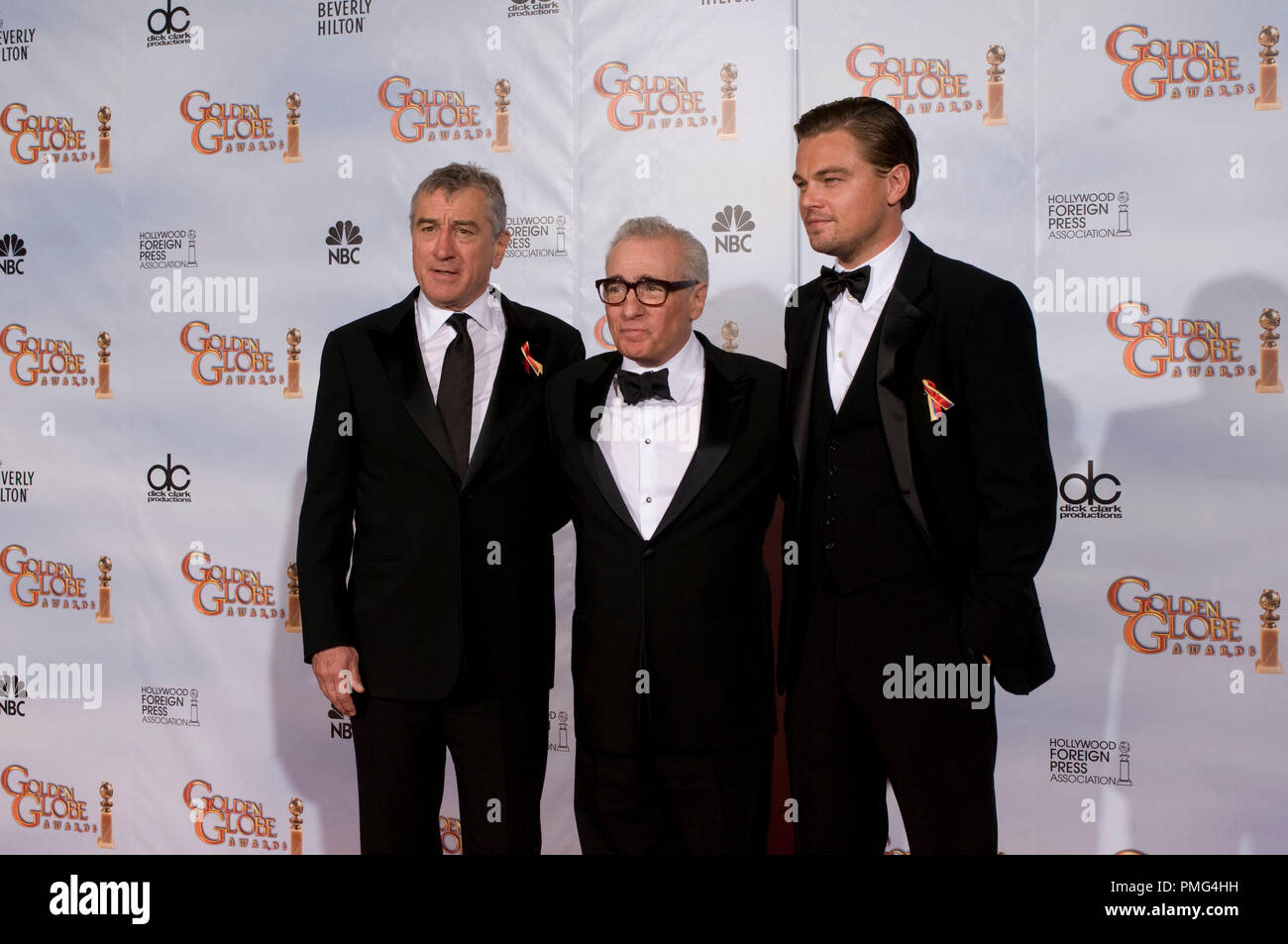 Robert De Niro, Martin Scorsese und Leonardo DiCaprio backstage in der Presse Zimmer auf der 67. jährlichen Golden Globe Awards im Beverly Hilton in Beverly Hills, CA Sonntag, 17. Januar 2010. Stockfoto