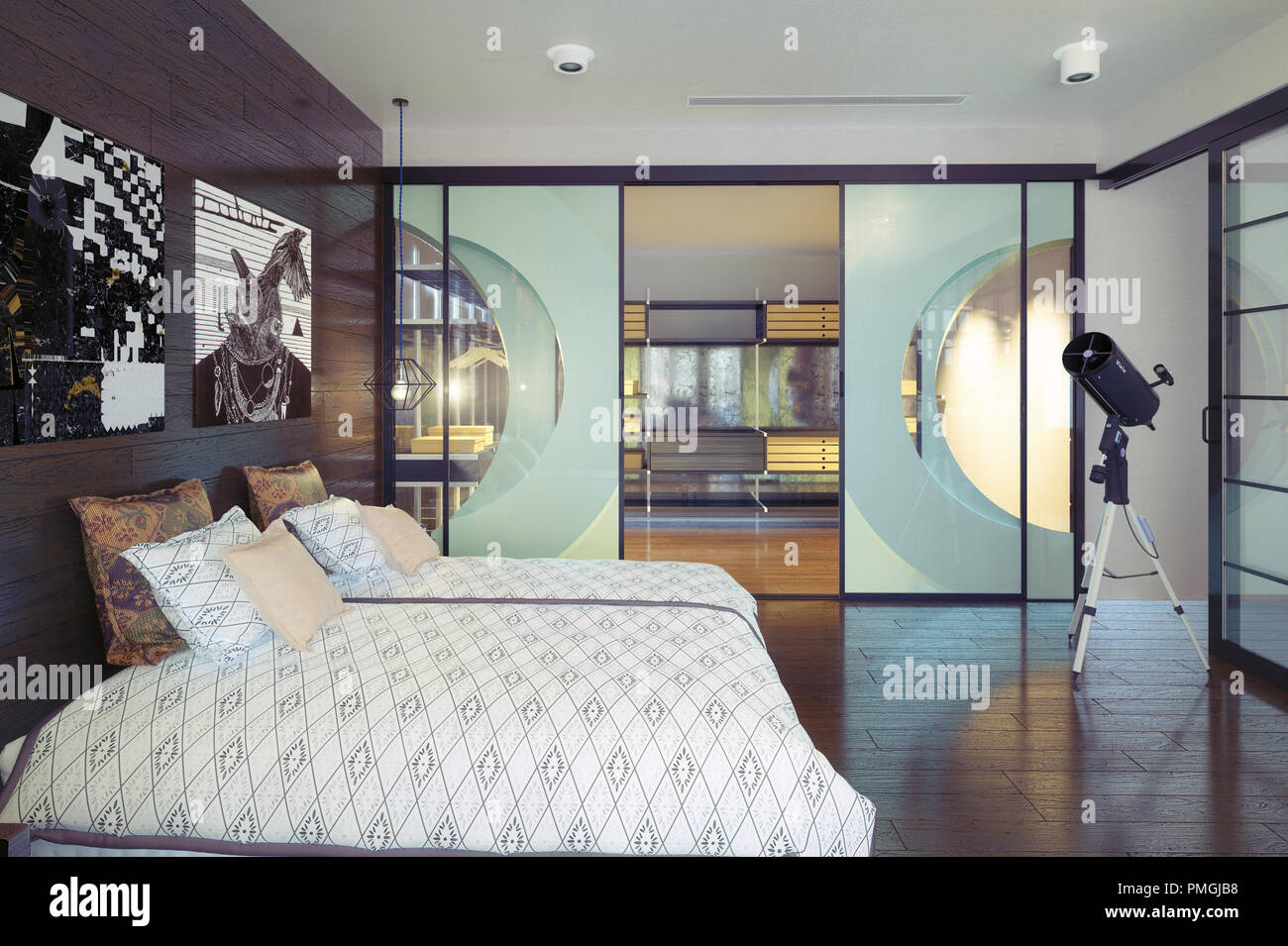 Modernes Schlafzimmer Innenraum. 3D-rendering Design Konzept. Stockfoto