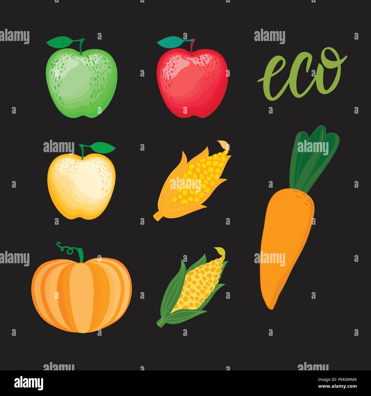 Set cartoon Gemüse und andere Farbe Apple. Mais Kürbis Vector Illustration auf dunklem Hintergrund. Stock Vektor