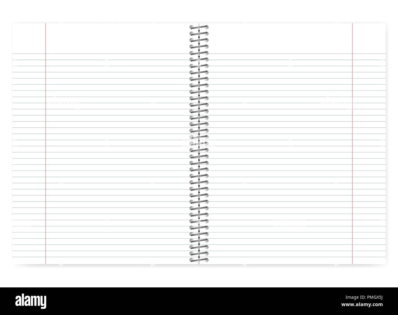 Öffnen gesäumt Kabel Notebook gebunden, Vektor mockup. Metall Spiralbindung Übungsbuch mit Marge, Mock up. Notepad Verbreitung Vorlage Stock Vektor