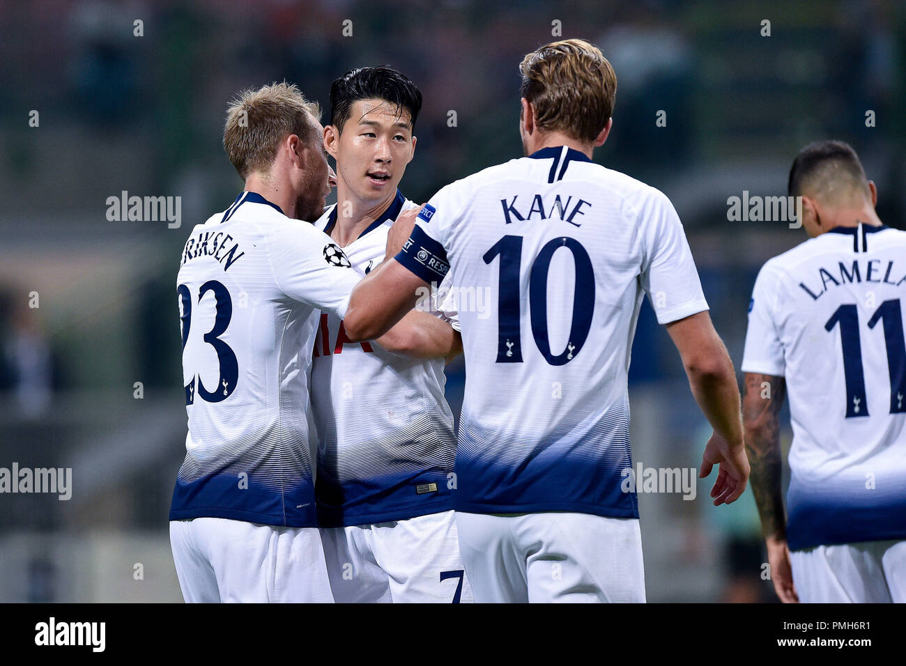 Mailand, Italien. 18. September 2018. Christian Eriksen von Tottenham Hotspur feiert zählenden erstes Ziel während der UEFA Champions League Gruppe B Spiel zwischen Inter Mailand und Tottenham Hotspur im Stadio San Siro, Mailand, Italien am 18. September 2018. Foto von Giuseppe Maffia. 18 Sep, 2018. Quelle: AFP 7/ZUMA Draht/Alamy leben Nachrichten Stockfoto