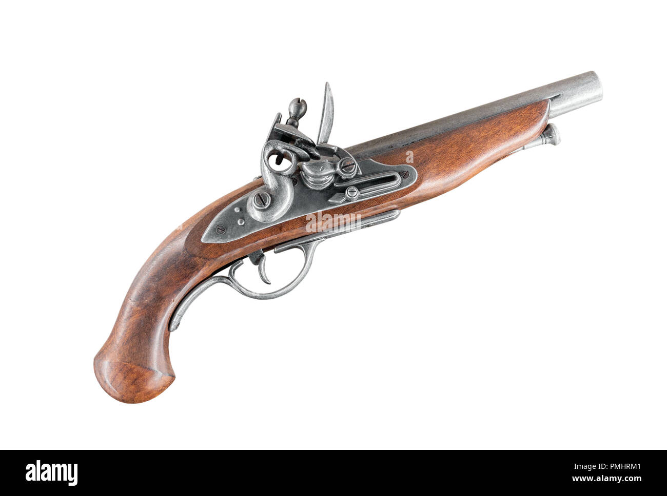 Alte antike 18. Jahrhundert flintlock Pistol auf weißem Hintergrund Stockfoto