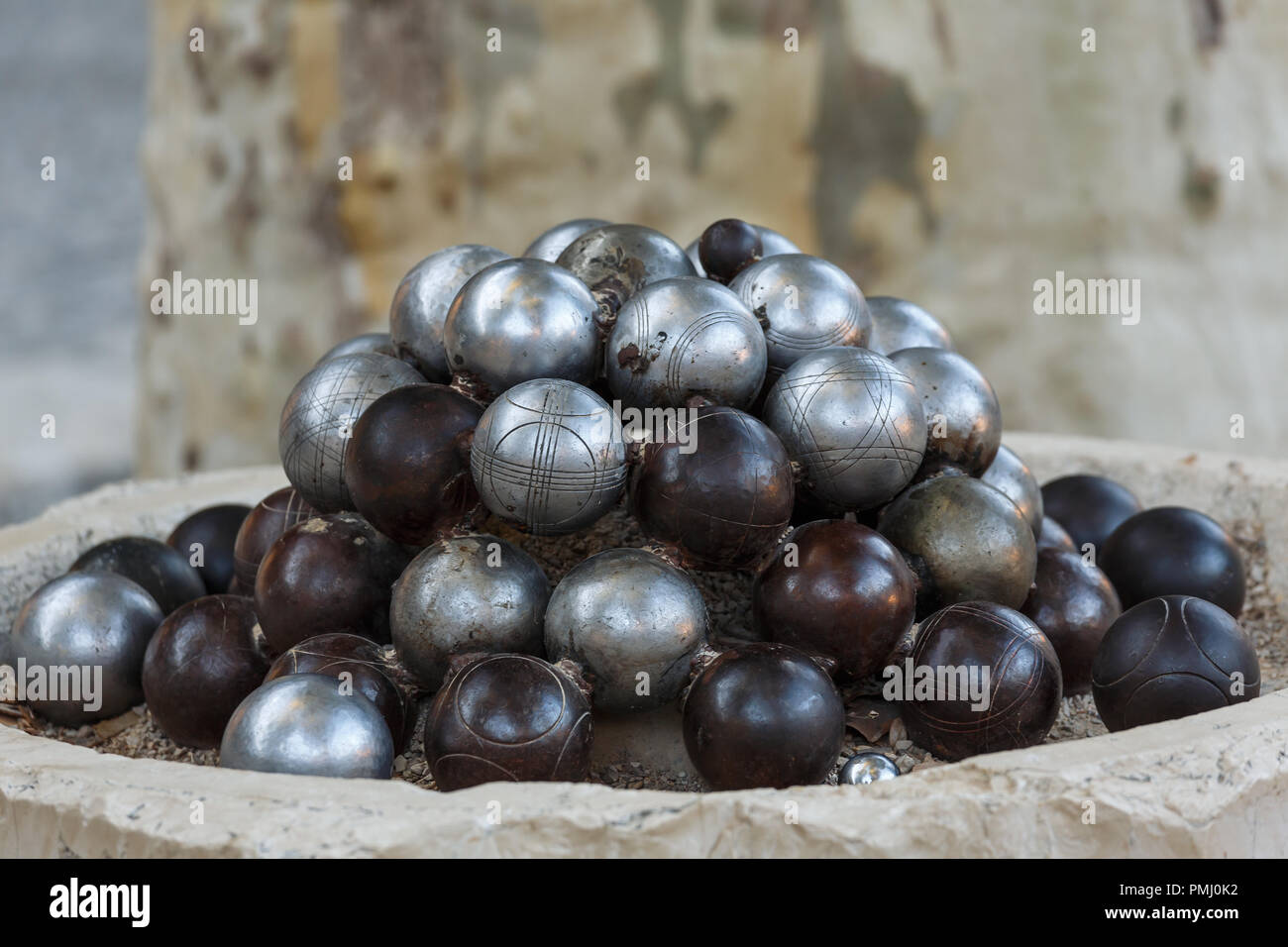 Metallkugeln für Spiel in Petanque Stockfoto