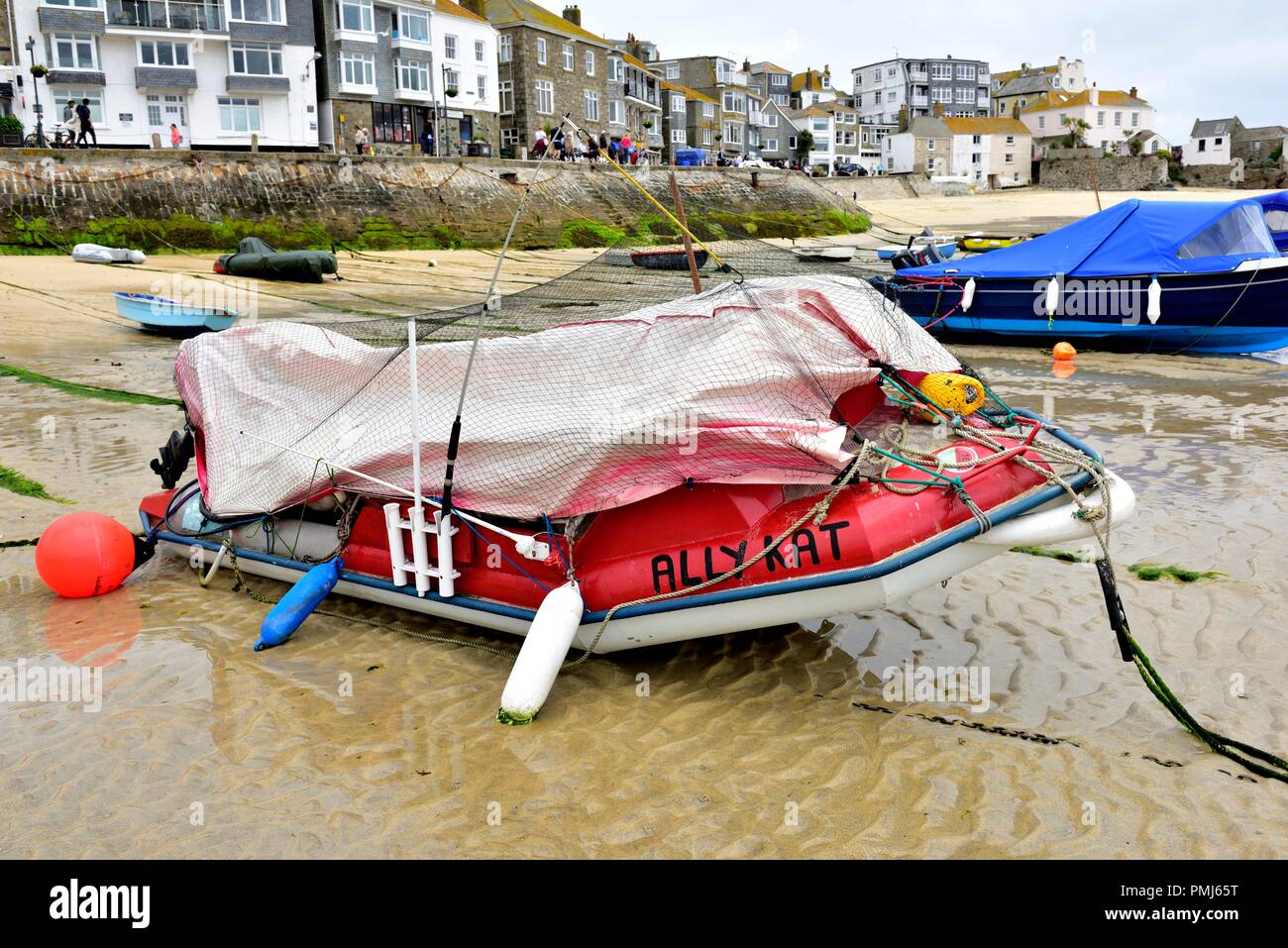 Ein Boot mit dem Namen Ally Katze in St Ives Harbour, bei Ebbe, Cornwall, England, Großbritannien Stockfoto