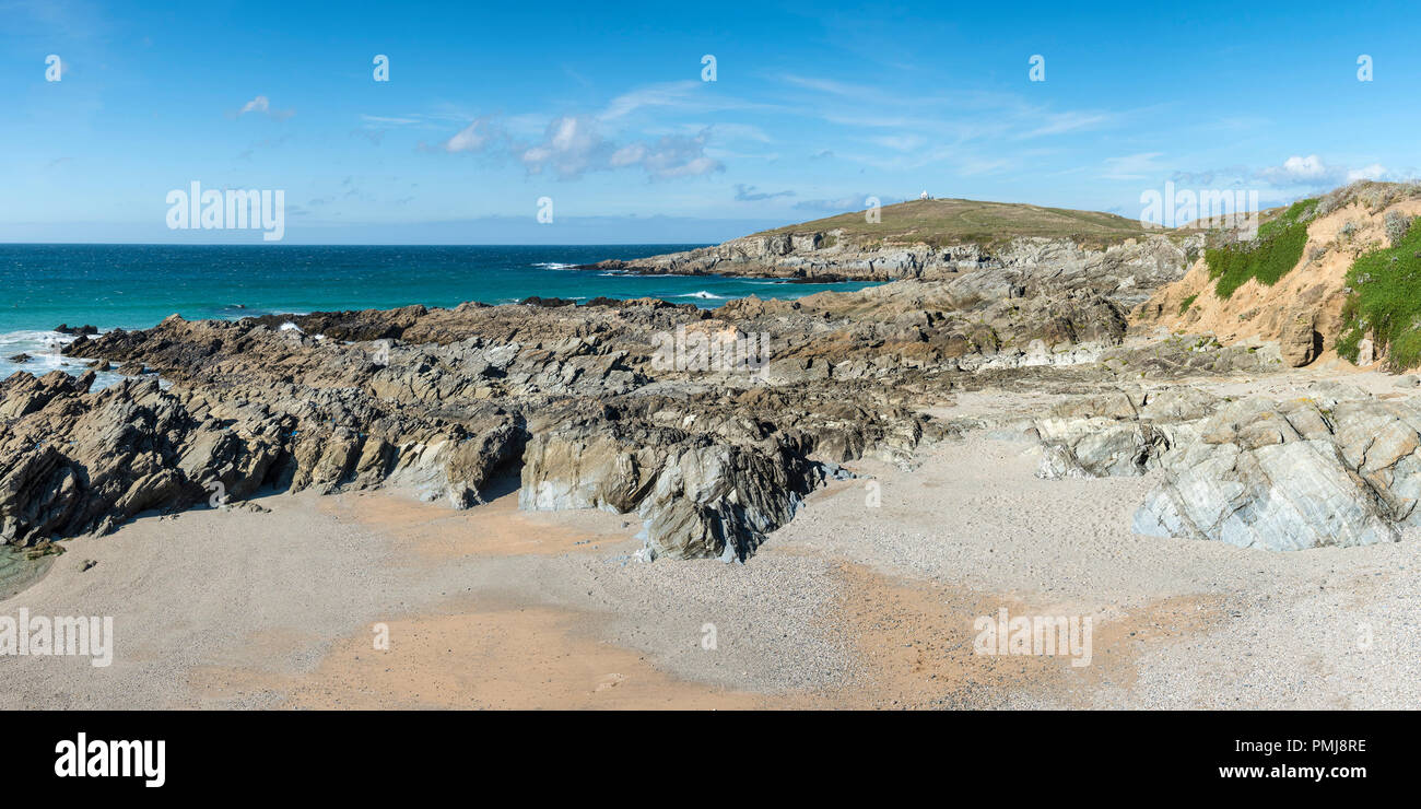 Einen Panoramablick über wenig in Richtung Fistral Towan Kopf in Newquay in Cornwall. Stockfoto
