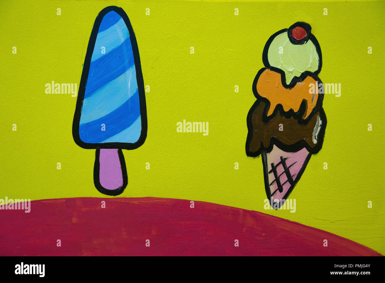 Zeichnung Grafik, Hintergrund Texturen, Farben und Illustration. Bunte Eis auf der Wand ziehen Stockfoto