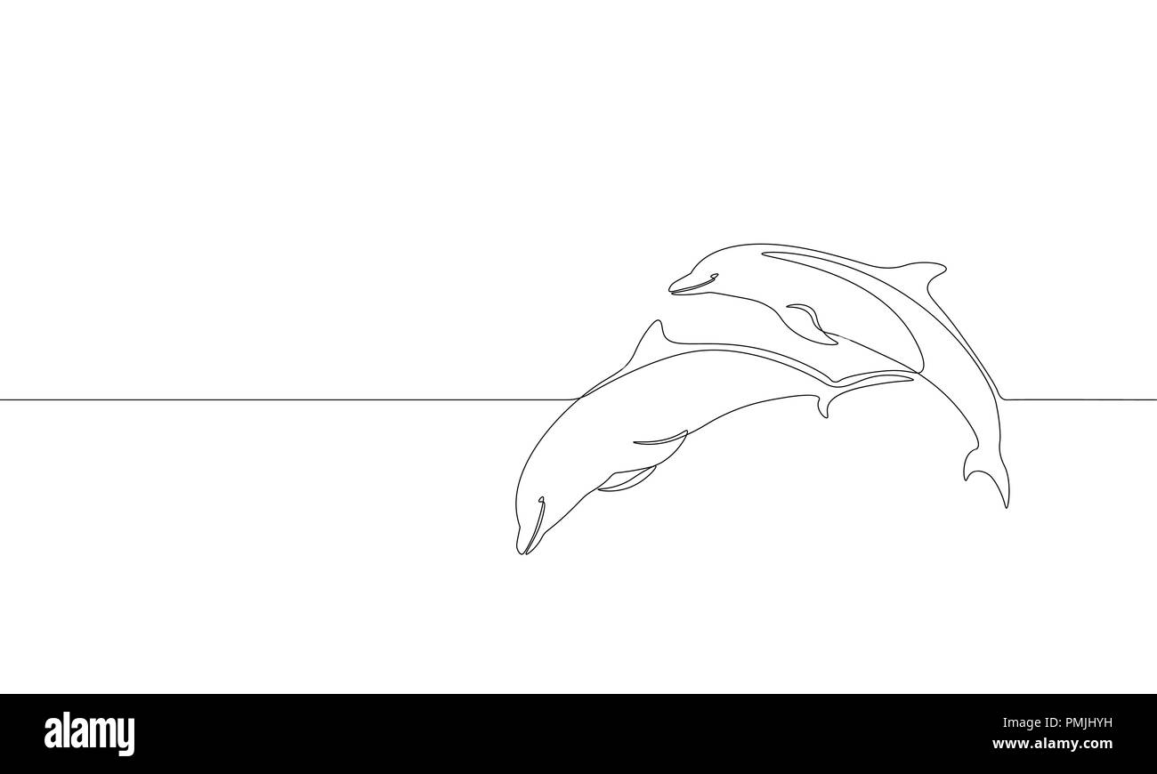 Eine durchgehende Linie kunst marine Delfin Schwimmen springen Silhouette. Natur Meer Ökologie Life Umwelt Konzept. Big sea wave Design eine Skizze Maßbild Vector Illustration Stock Vektor