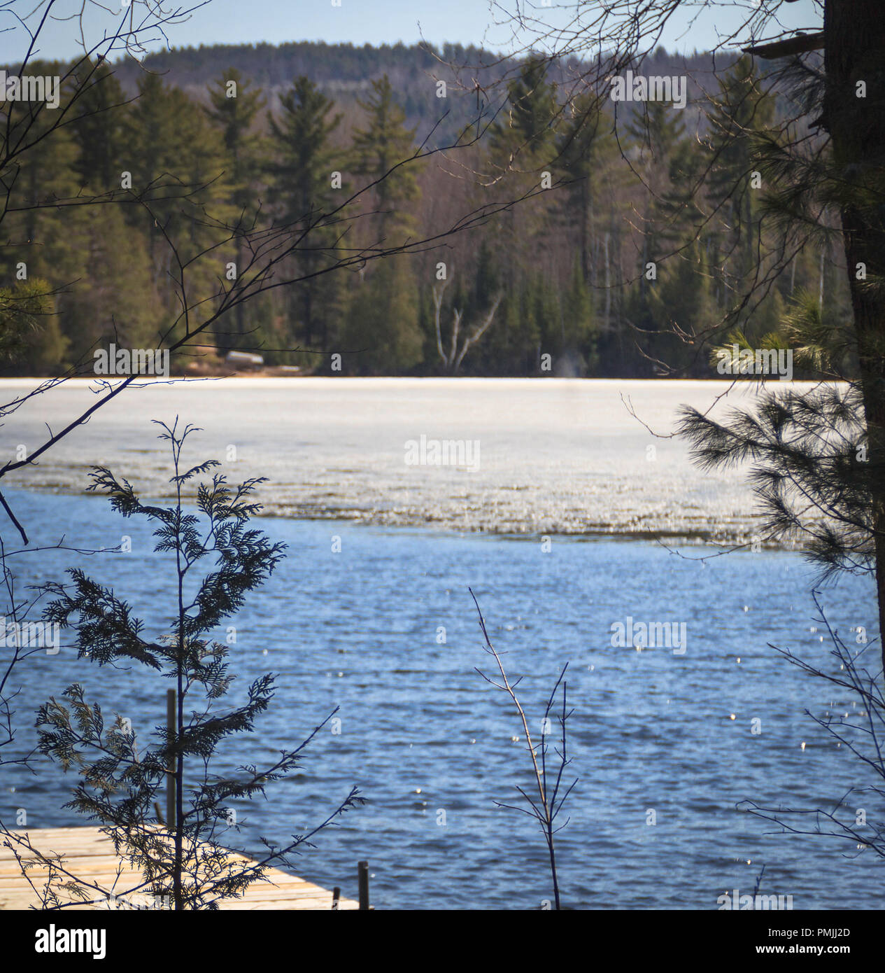 Frühjahr Tauwetter in den nördlichen Ontario, Kanada, mit Eis schmelzen auf einen kleinen See. Stockfoto