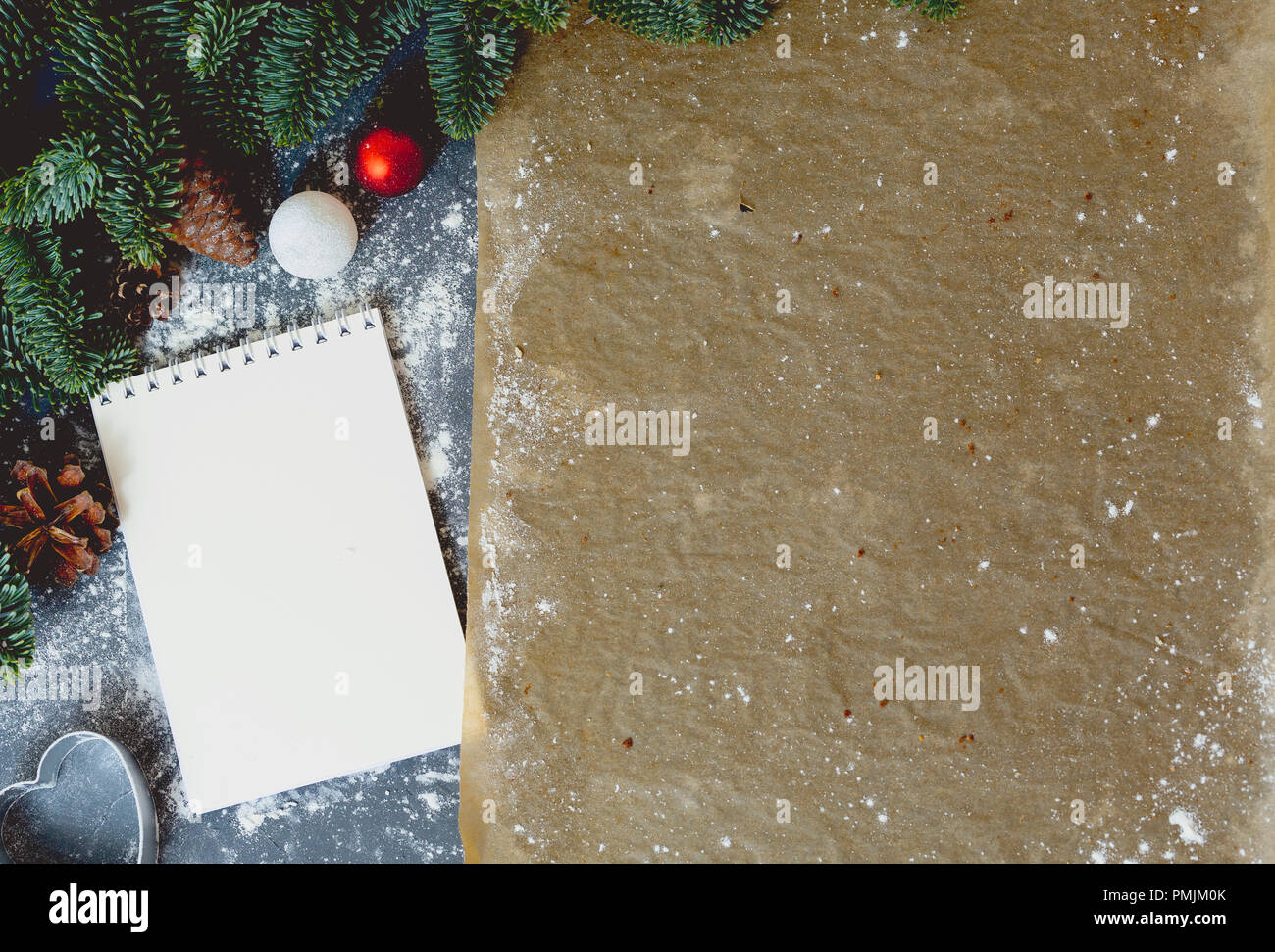 Die Vorbereitung auf Weihnachten. Das Kochen. Das neue Jahr Tabelle. Für Rezept, Notebook. Toning Stockfoto