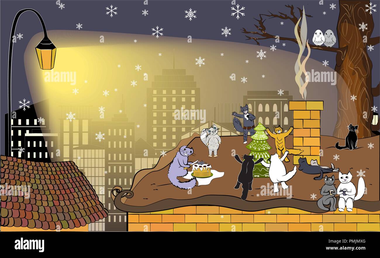 Winter vektor Grußkarte mit glücklichen Katzen. Singende Katze mit Mikrofon und seinem Publikum. Süße Sängerin Katze auf dem Dach und seine Fans. Februar Serenade Stock Vektor