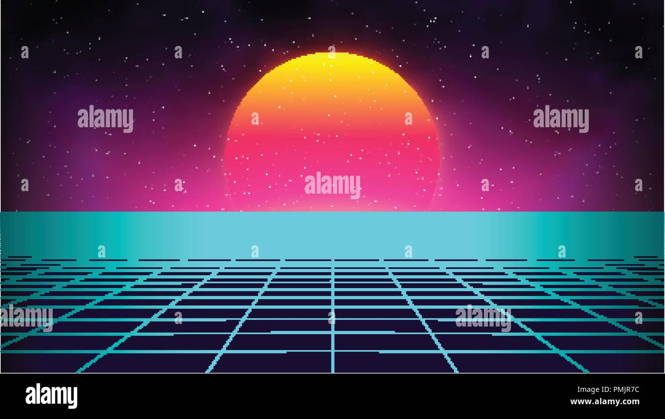 Retro Hintergrund Futuristische Landschaft Im Stil Der 80er Jahre Digital Retro Landschaft Cyber Oberflache Retro Musik Album Cover Vorlage Sonne Platz In Den Bergen 80s Retro Sci Fi Hintergrund Sommer Landschaft Stock Vektorgrafik