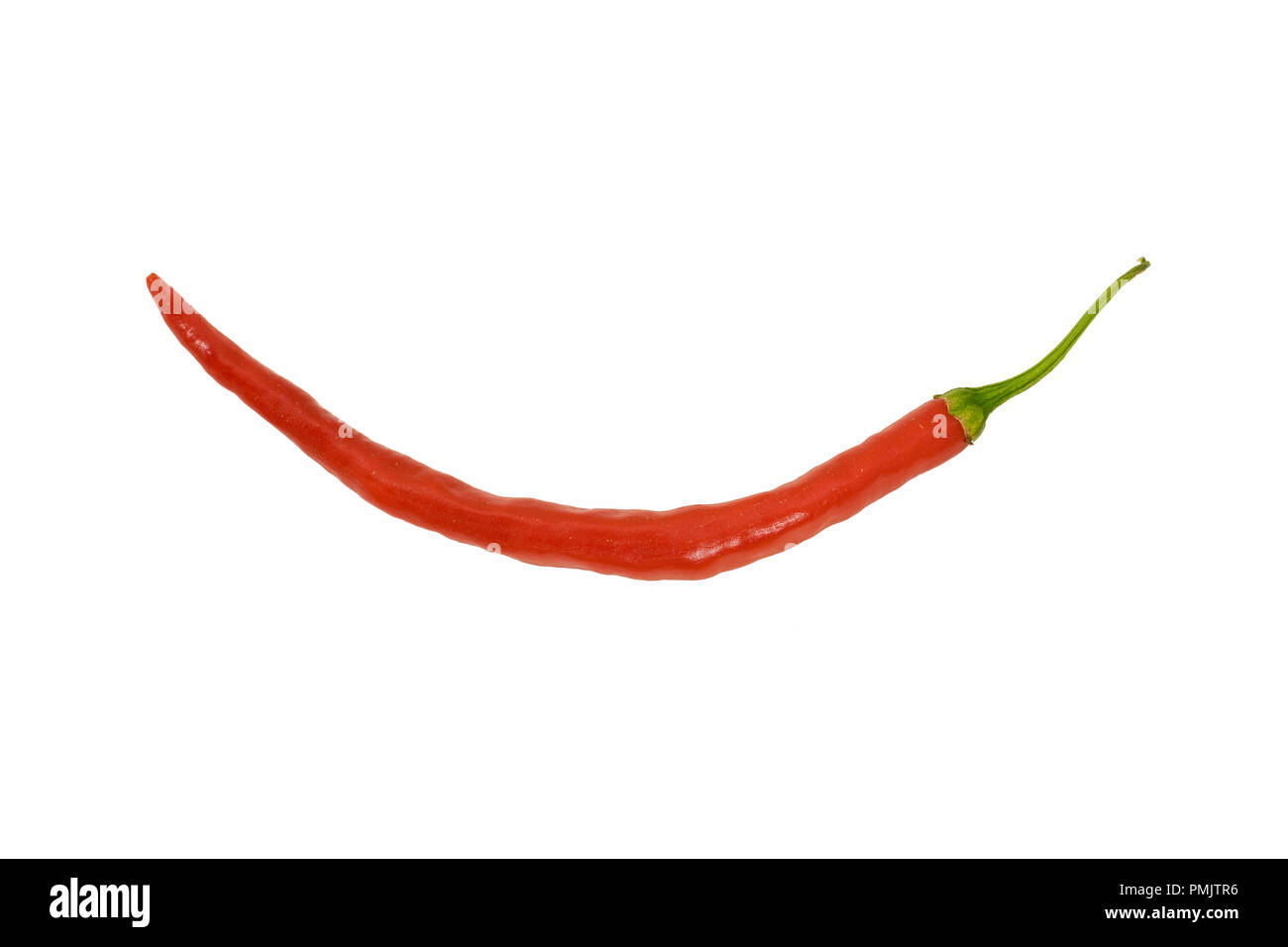 Hot Thai Chili 'Flamme Hybrid' auf einem weißen Hintergrund. Ein (1) Chili. Stockfoto