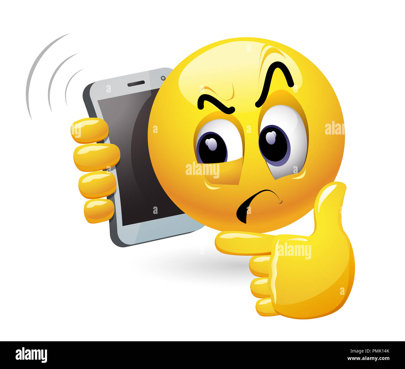 Smiley Gespräch am Telefon. Vector Illustration eines Smiley wird misstrauisch, während Sie telefonieren. Stockfoto