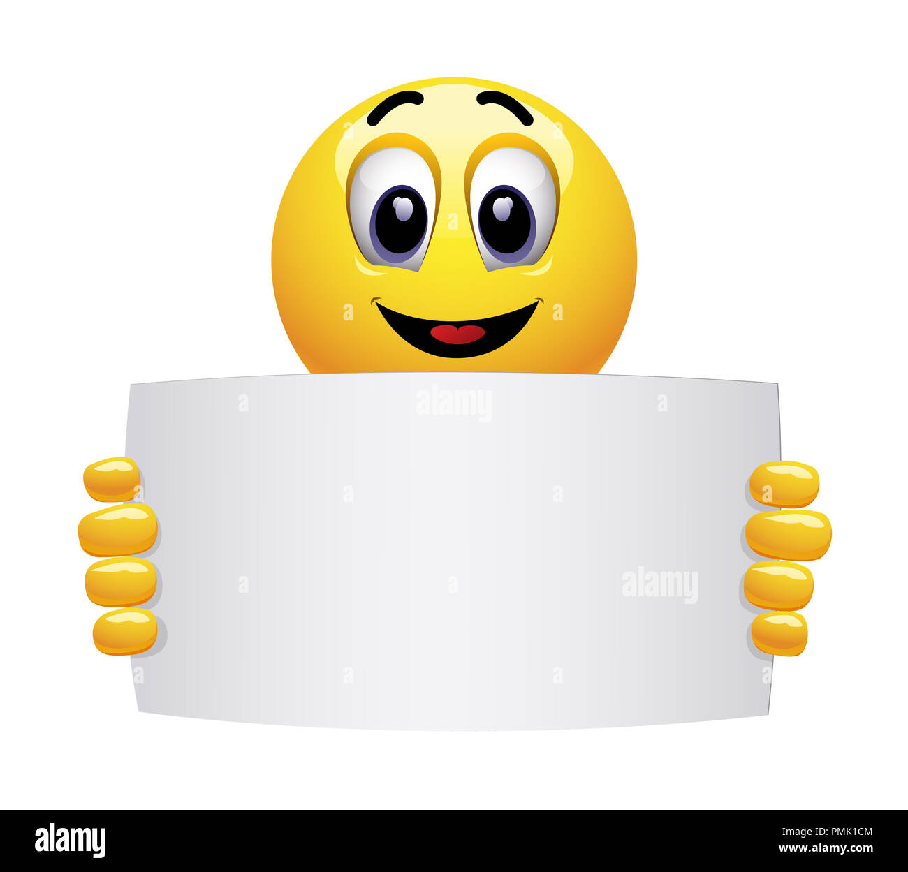 Smiley Emoticon Holding und Anzeigen werben. Smiley zeigt eine weiße Leere für Marketing Text oder Bild. Effektives Marketing SMS-Nachrichten erstellen. Stockfoto