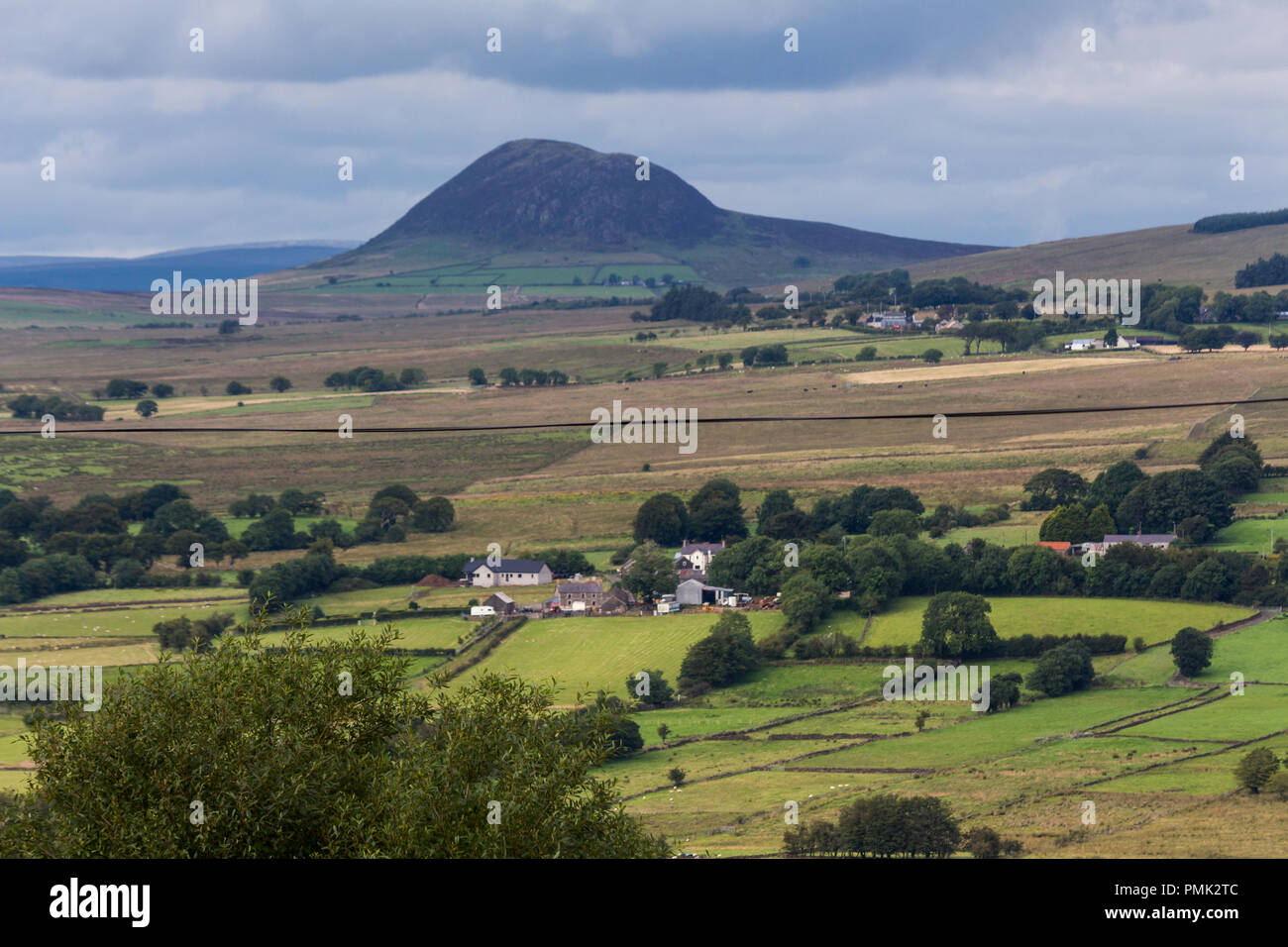 Die markante Slemish Mountain von offener Landschaft umgeben. Von den grossen Collin, in der Nähe von Ballymena, County Antrim, Nordirland gesehen. Stockfoto