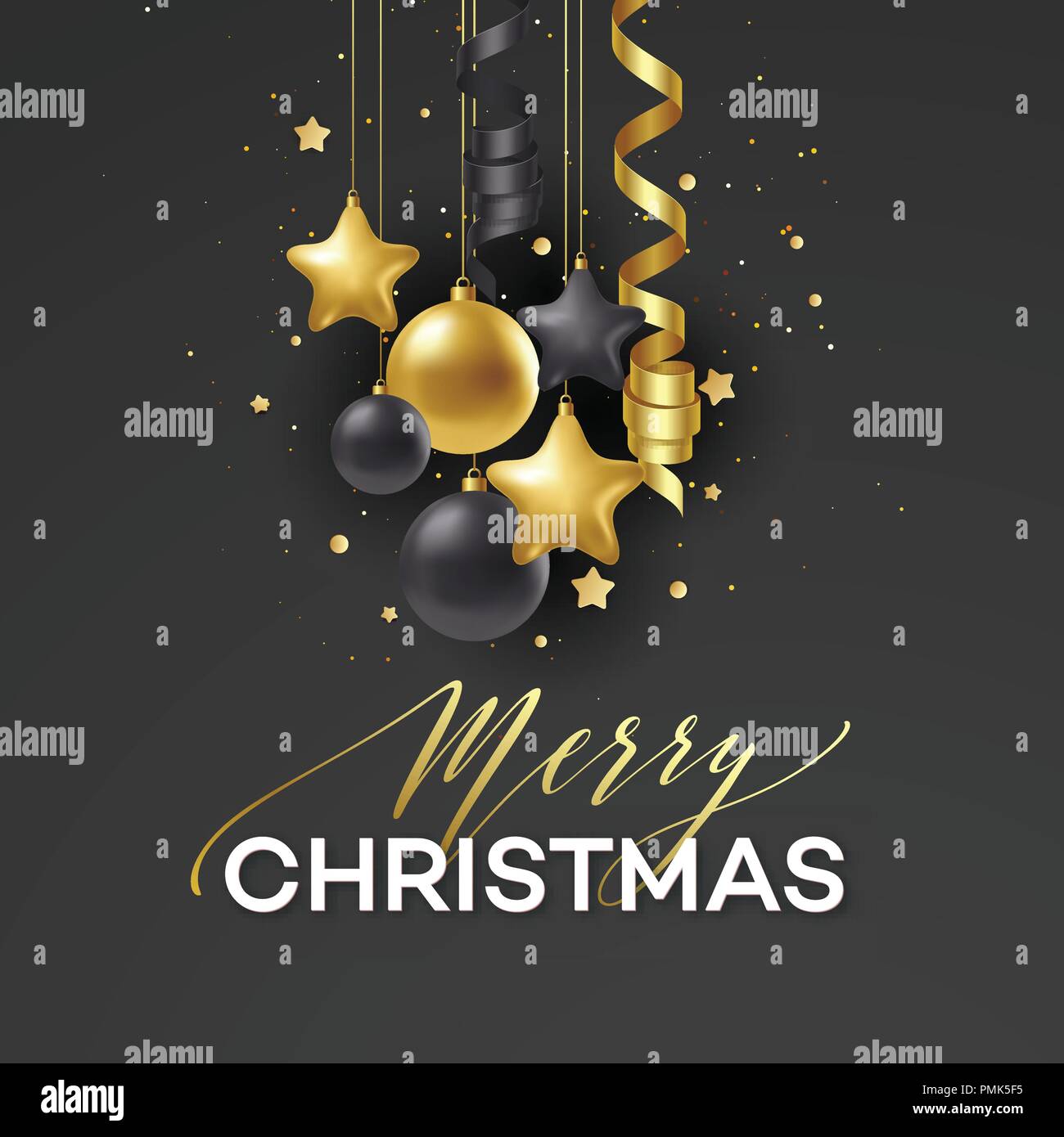 Poster Frohe Weihnachten Urlaub. Premium Kalligraphie Schrift mit Gold ornament Dekoration der goldenen Kugel auf Luxus schwarzen Hintergrund. Vector Illustration Stock Vektor