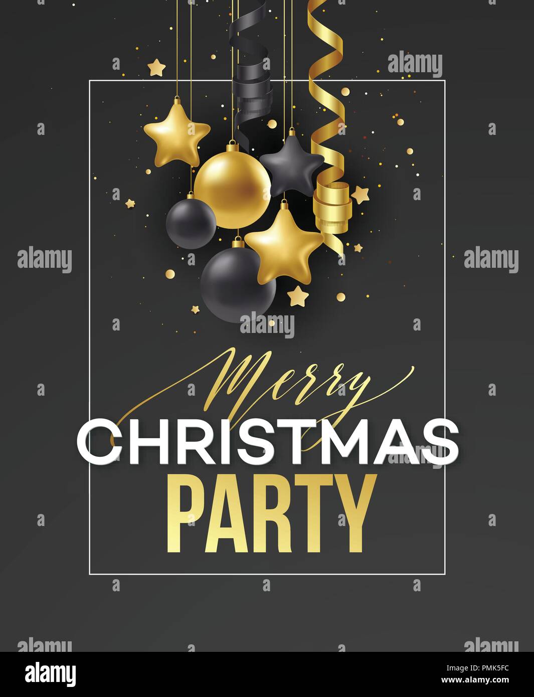 Poster Frohe Weihnachten Urlaub. Premium Kalligraphie Schrift mit Gold ornament Dekoration der goldenen Kugel auf Luxus schwarzen Hintergrund. Vector Illustration Stock Vektor