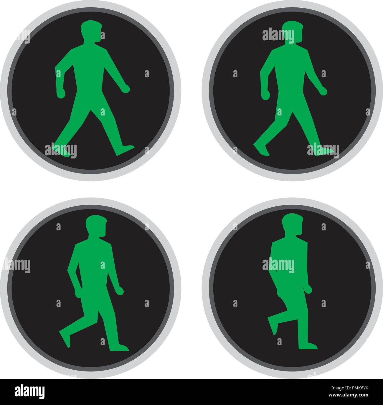 Retro Style Abbildung: Spaziergang Zyklusablauf der eine Ampel mit grünen Mann zu Fuß für fußgängerüberweg auf isolierten Hintergrund. Stock Vektor