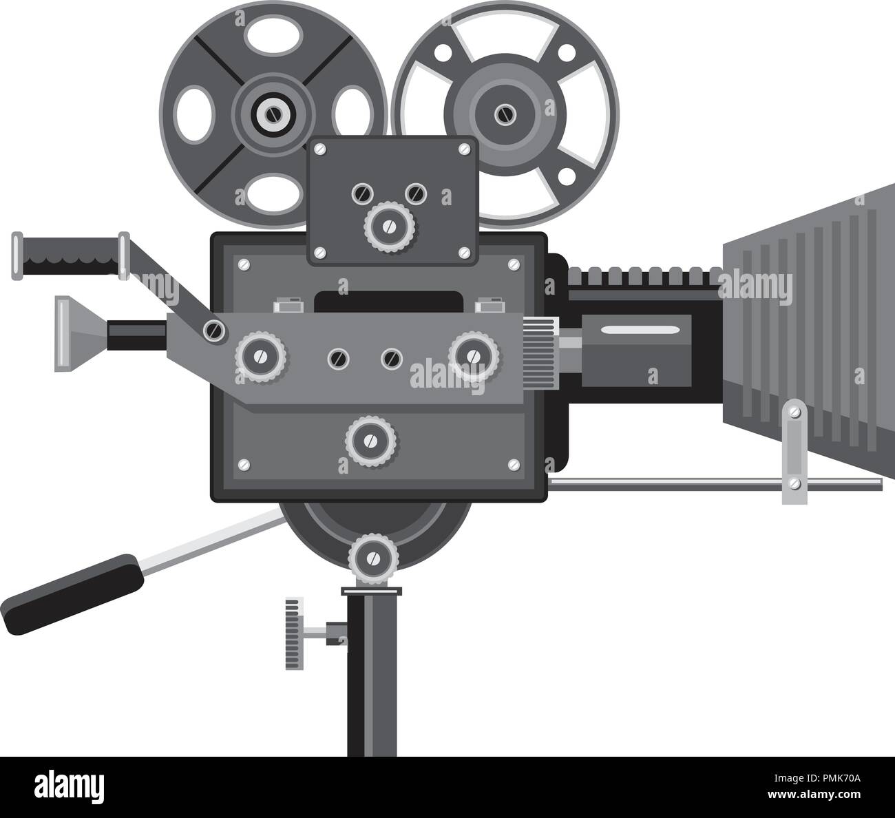 Retro Style Abbildung: vintage Film Kamera oder Kino Kamera gesehen von einer Seite auf isolierten Hintergrund. Stock Vektor