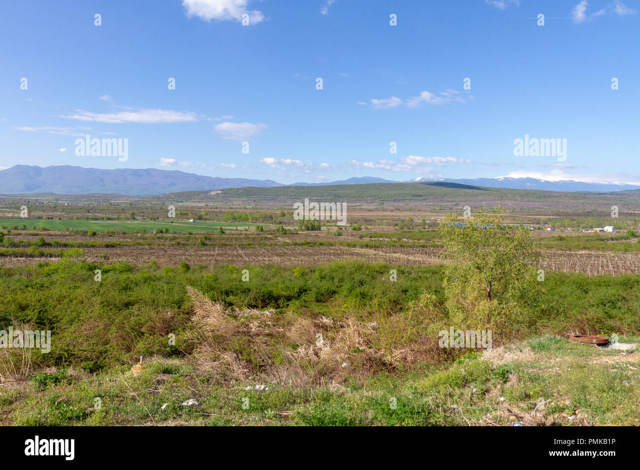 Allgemeine Sicht auf die Gipfel der Rhodopen, in der Nähe von Kalugerovo, zentrale Bulgarien, Stockfoto