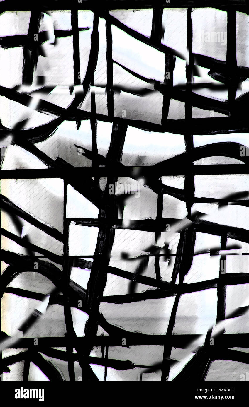 Original metaphorische Kunst - eine vertikale fotografische Abbildung der dunklen kontrastierenden Pinselstriche und Leitungen gegen einen hellen Hintergrund. Stockfoto