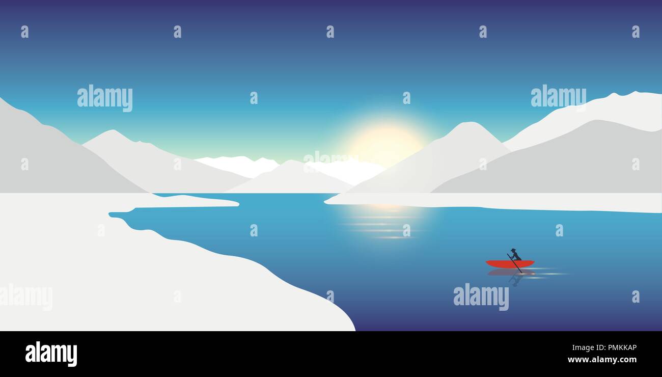 Lonely Kanu Abenteuer Konzept Red Boat in einer Winterlandschaft mit schneebedeckten Bergen Vektor-illustration EPS 10. Stock Vektor