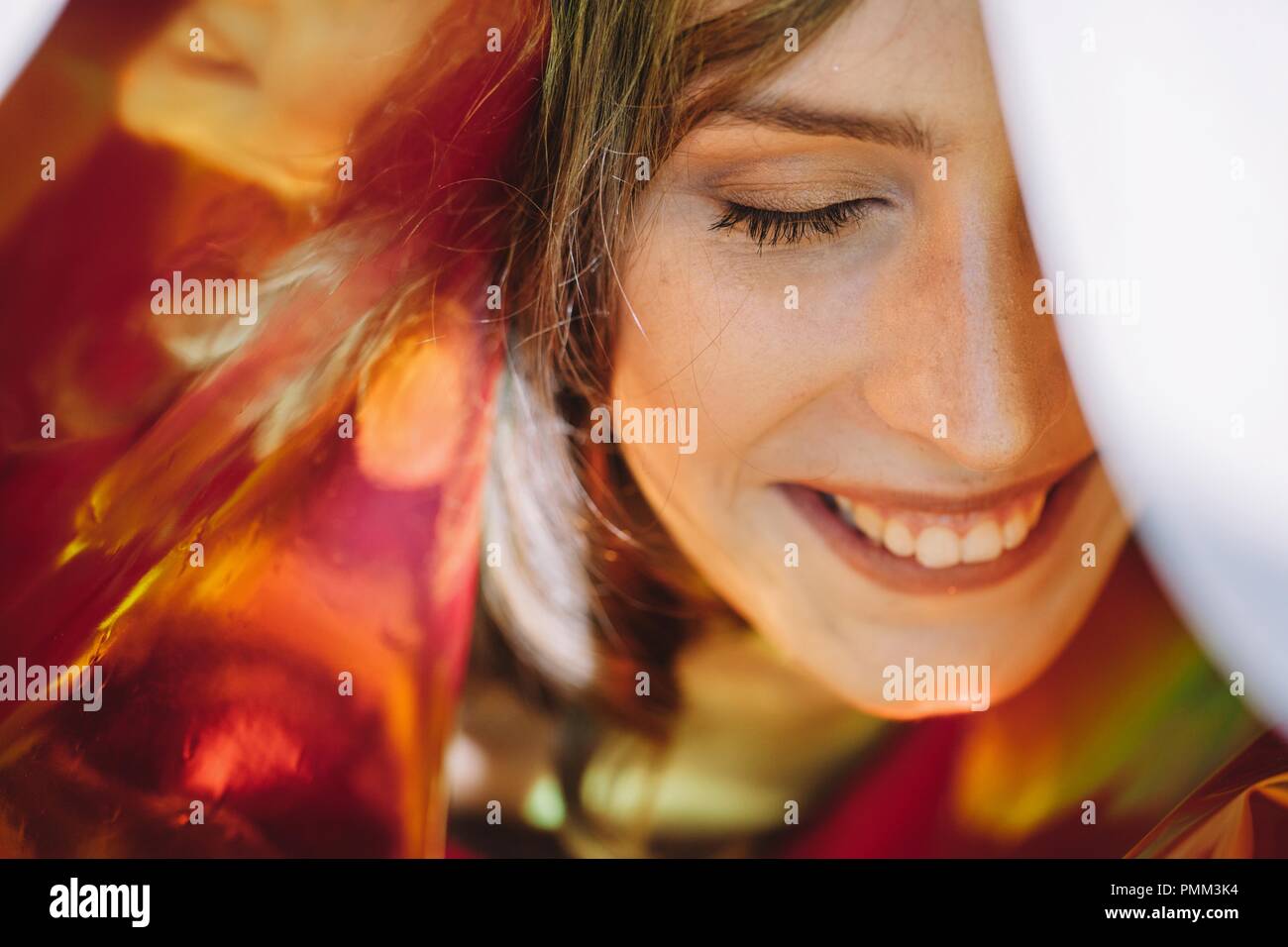 Close-up Porträt einer Frau lachend Stockfoto