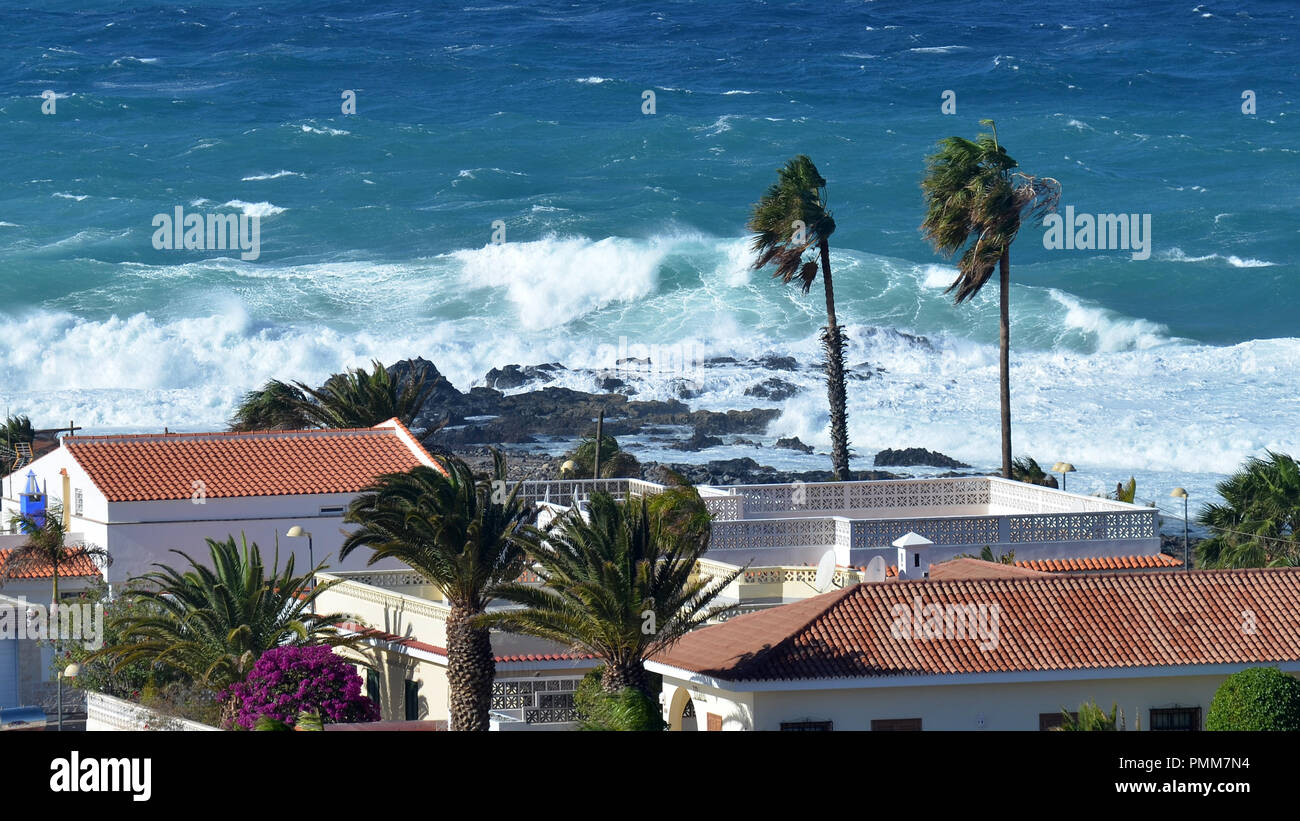 Große Wellen und Sturm wind in Palm Mar, Teneriffa, Kanarische Inseln Stockfoto