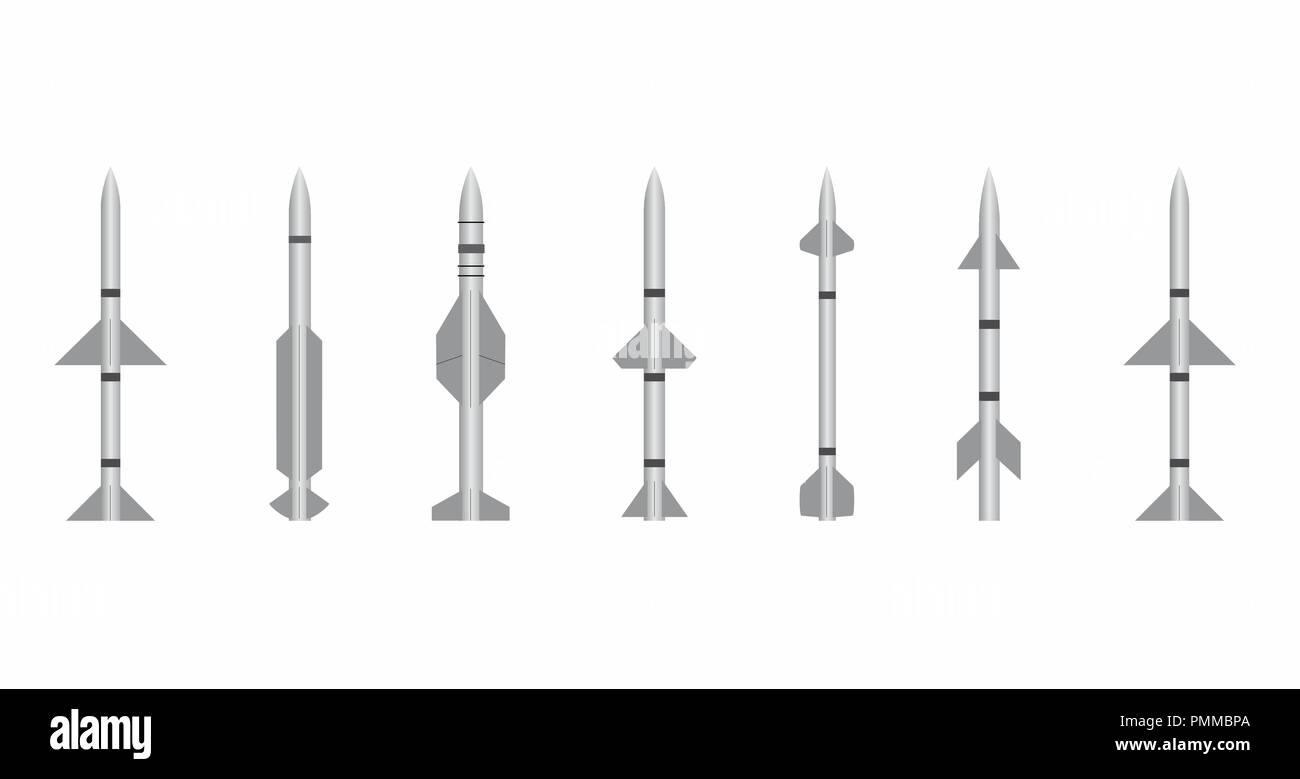 Abbildungen der verschiedenen Arten von Raketen auf weißem Hintergrund Stock Vektor