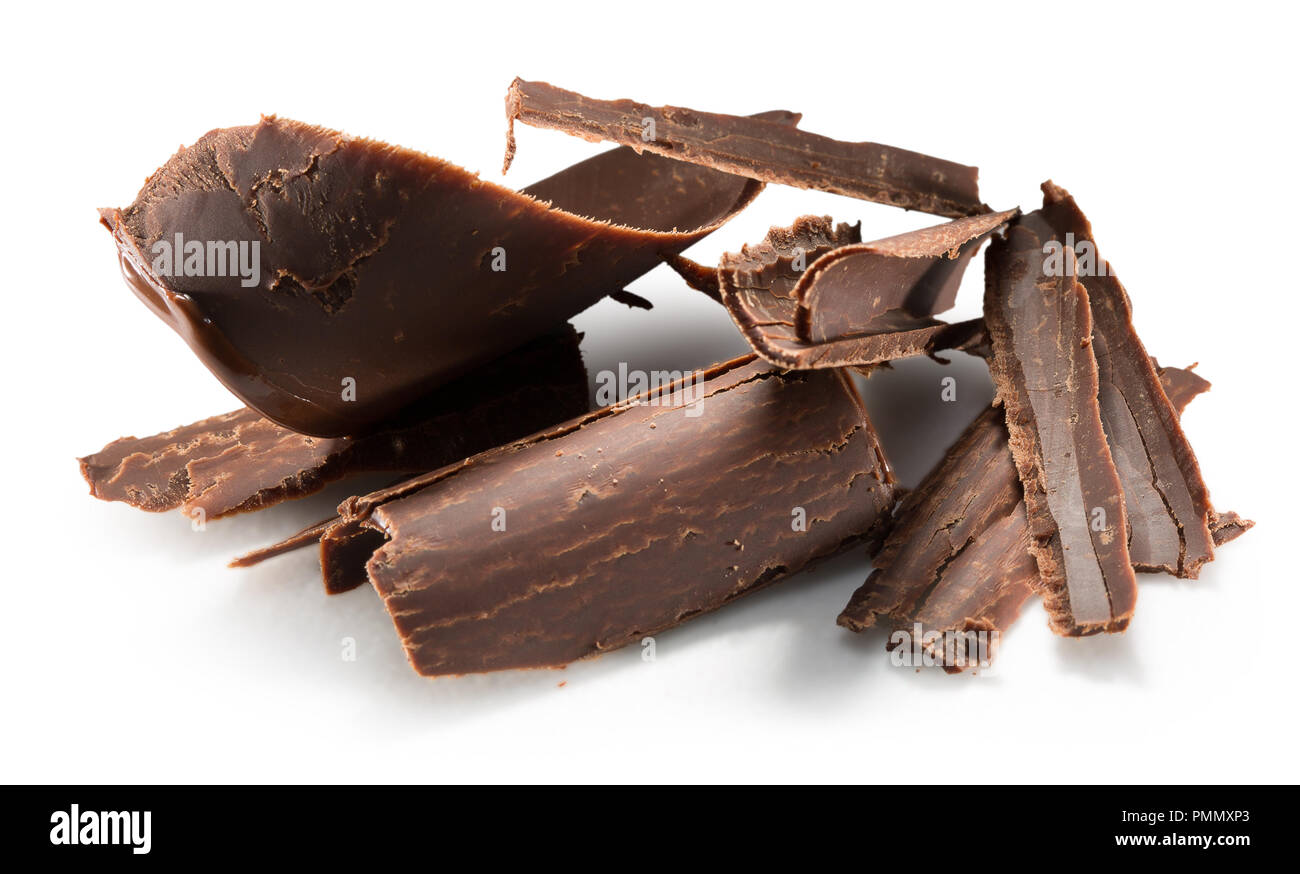 Schokolade Flocken auf einem weißen Hintergrund. Stockfoto