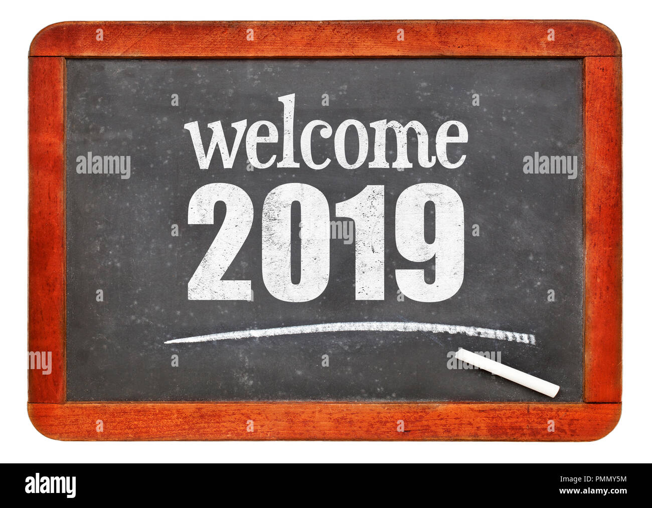 Willkommen 2019 - Neues Jahr Konzept auf einem Vintage schiefer Tafel isoliert auf weißem Stockfoto