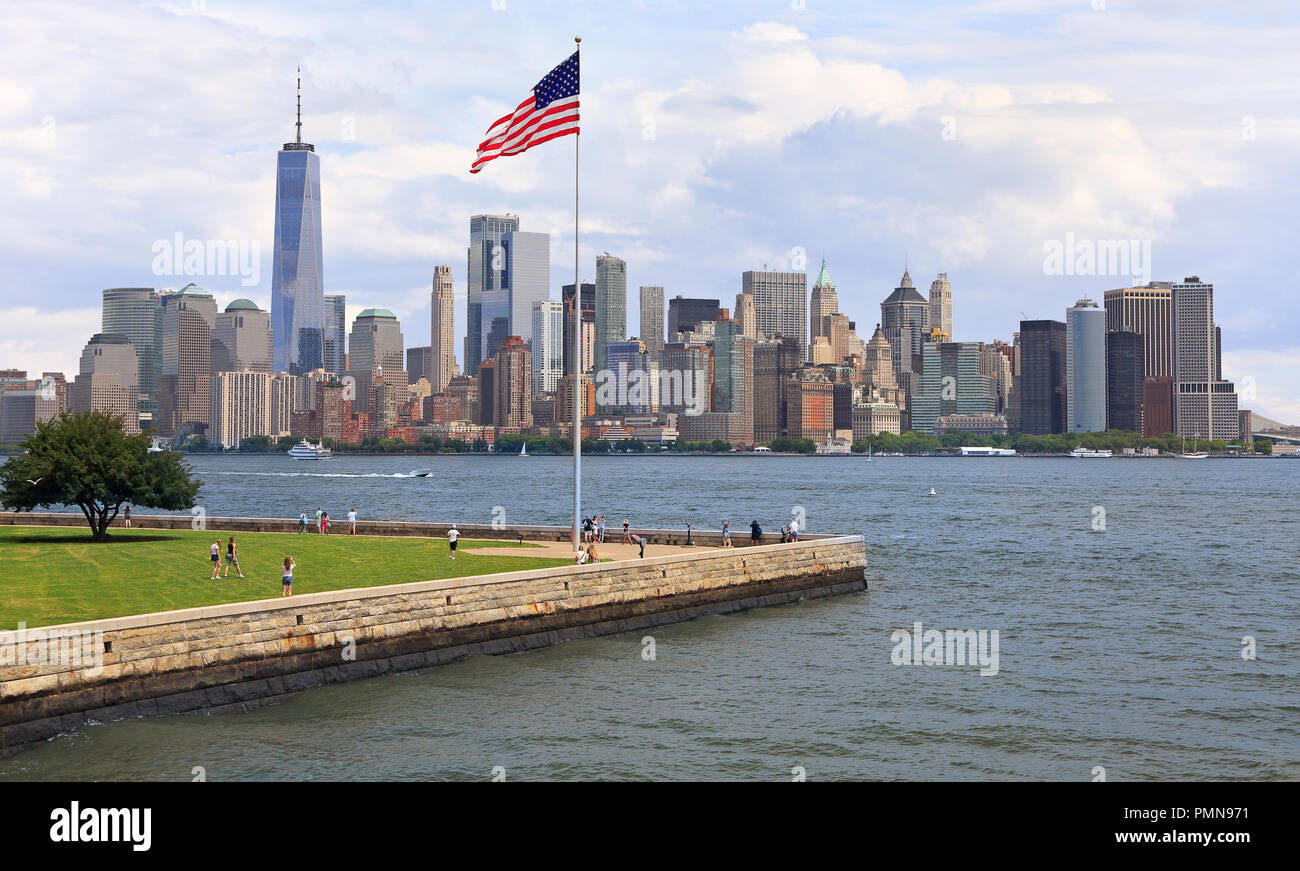 New York City Skyline gesehen von Ellis Island, USA Stockfoto