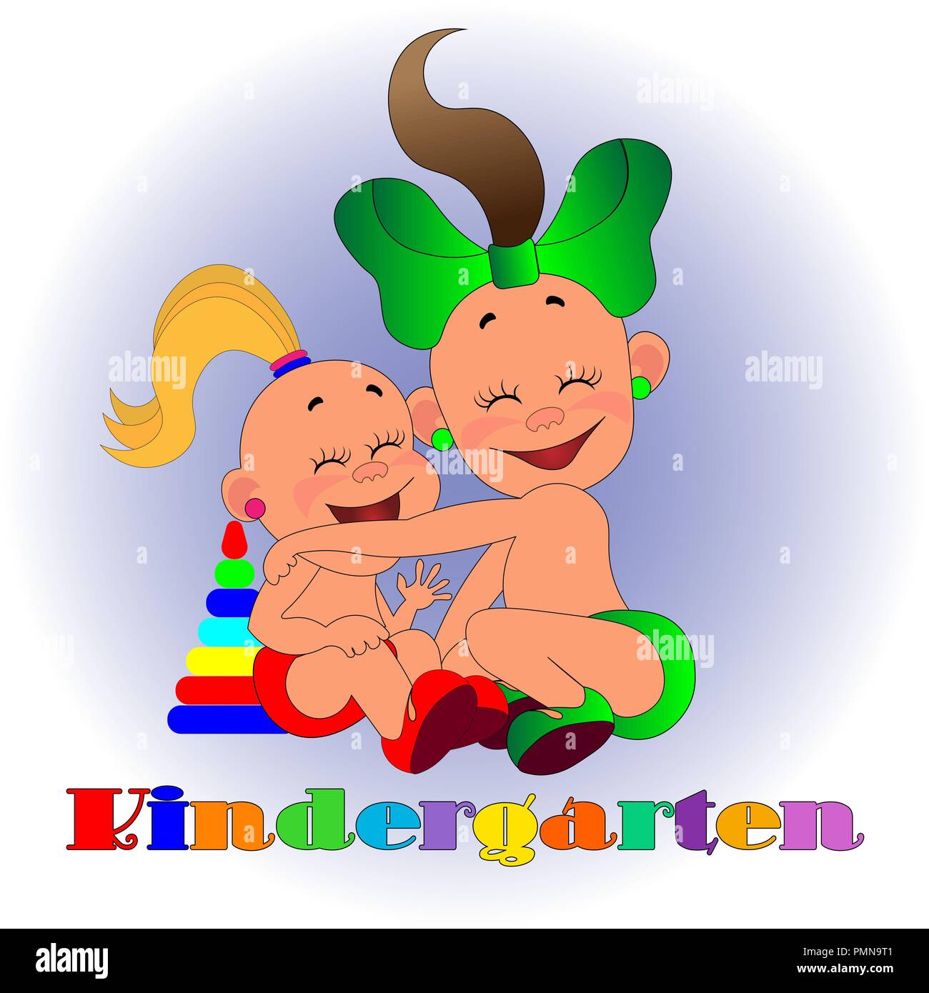 Zwei Mädchen das Spiel genießen zusammen, Repräsentant des Kindergartens logo Stock Vektor